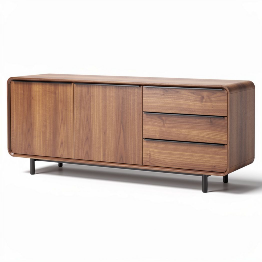Walnut wood sideboard with sliding doors and three drawers 150 x 40 x 60cm