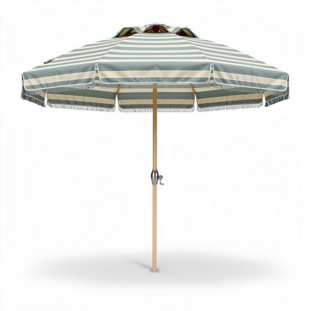 Striped beach umbrella with wooden frame and adjustable height 180 x 180 x 240cm