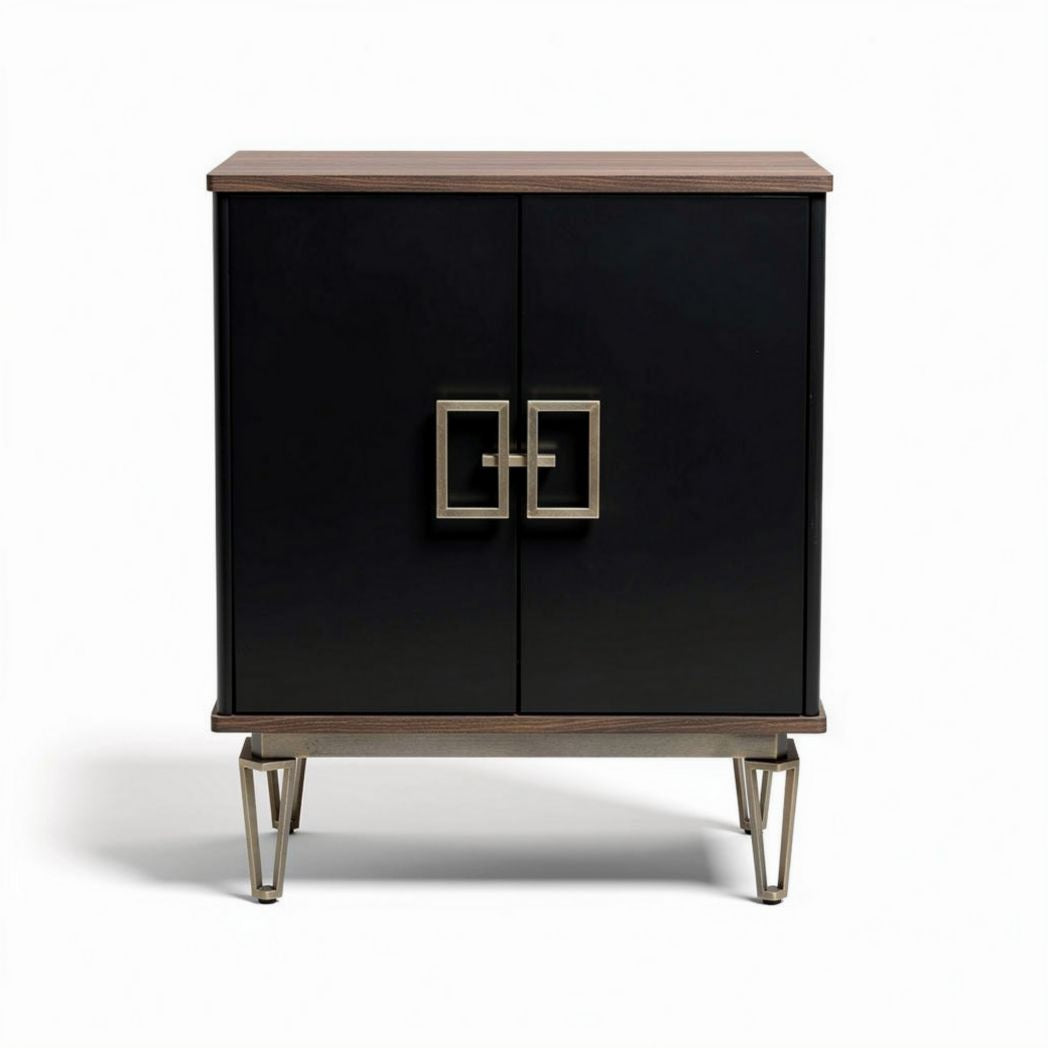 Modern black and walnut wood cabinet with metal legs 60 x 40 x 80cm