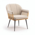 Linen accent chair with wooden frame and metal legs in light beige