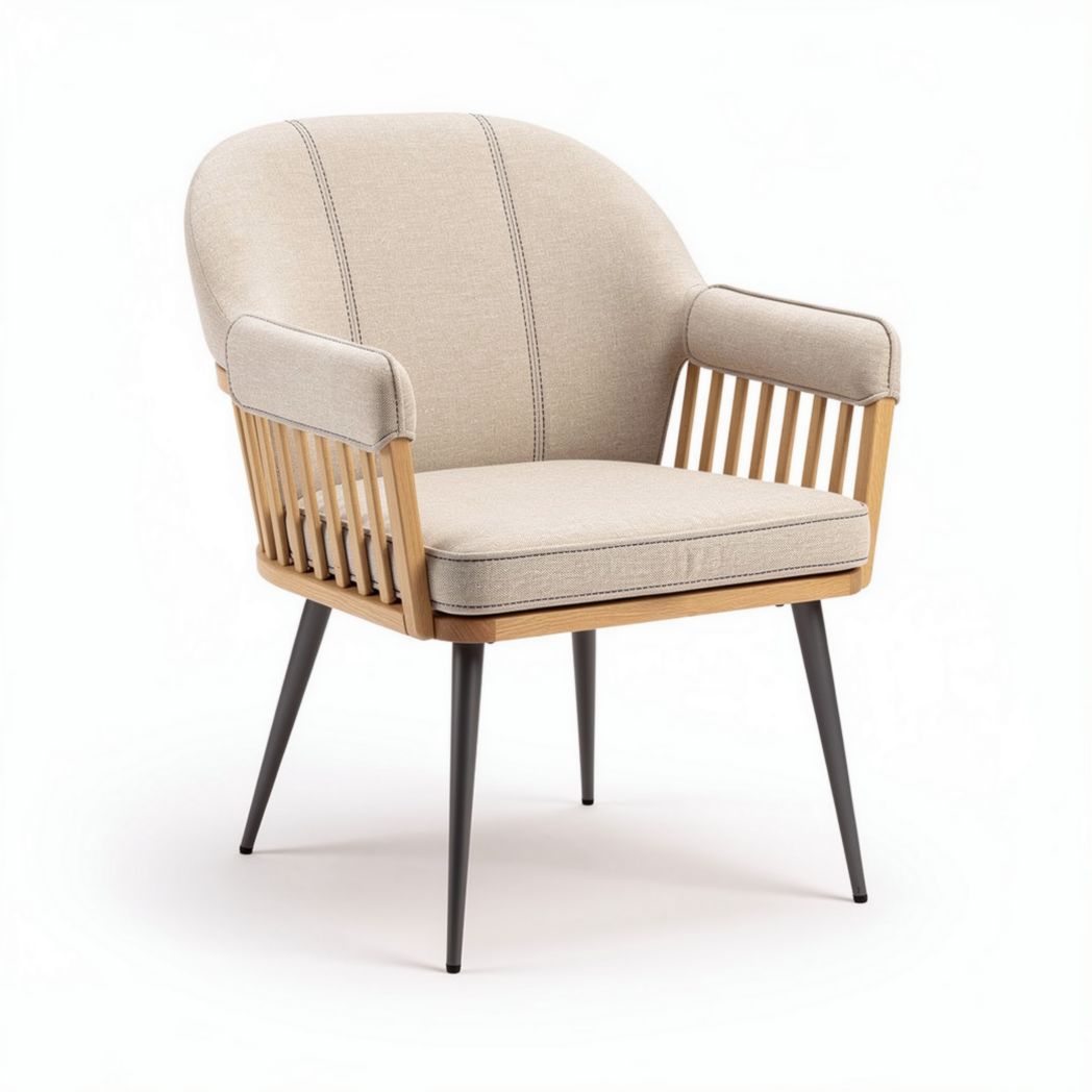 Linen accent chair with wooden frame and metal legs in light beige