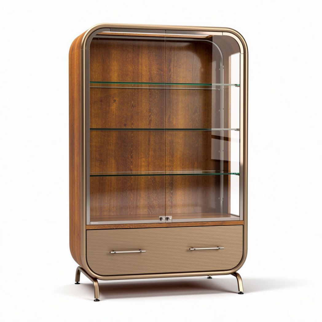 Wooden display cabinet with glass shelves and storage drawer 80 x 40 x 150cm