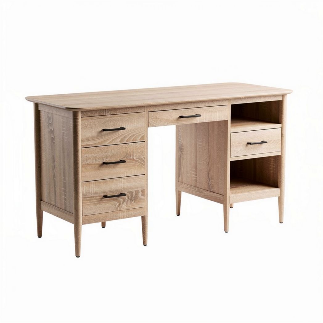Wooden writing desk with storage drawers and open shelf 140 x 60 x 75cm