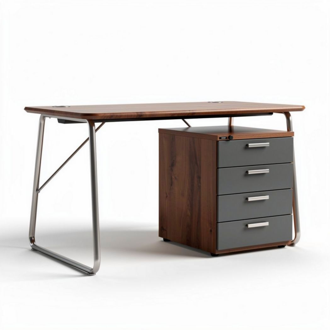 Wooden office desk with metal frame and storage cabinet 150 x 75 x 75cm