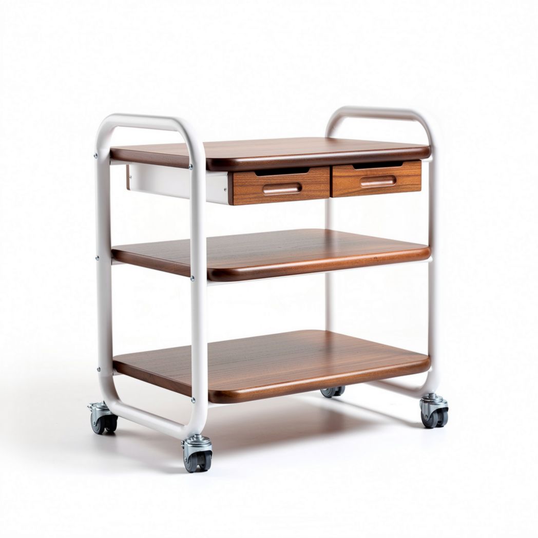 Rolling storage cart with wood shelves and metal frame 60 x 40 x 80cm