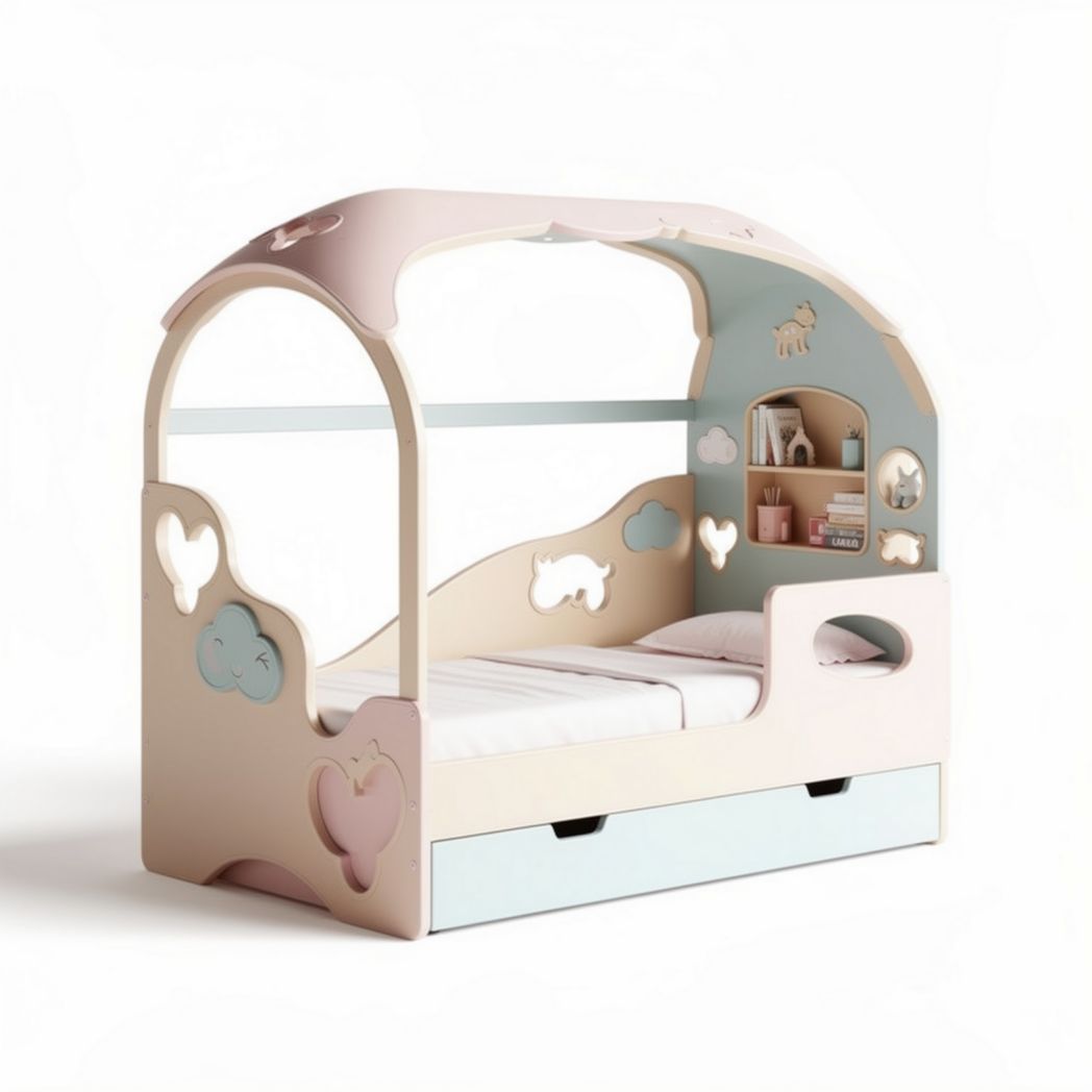 Wooden house bed frame with storage drawer for children in pastel colors 160 x 80 x 125cm