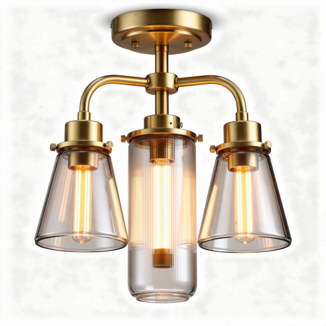 Bronze three-light chandelier with clear glass shades and industrial design