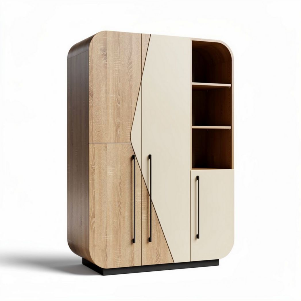 Modern wood storage cabinet with shelves and doors in light oak finish