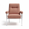 Mid-century modern accent chair with textured orange upholstery and wooden frame