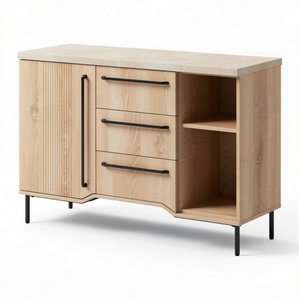 Wooden sideboard with metal handles and open shelving 90 x 45 x 80cm