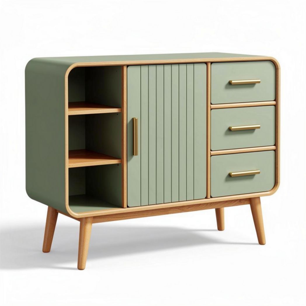Green wooden sideboard with three drawers and two open shelves 80 x 40 x 75cm