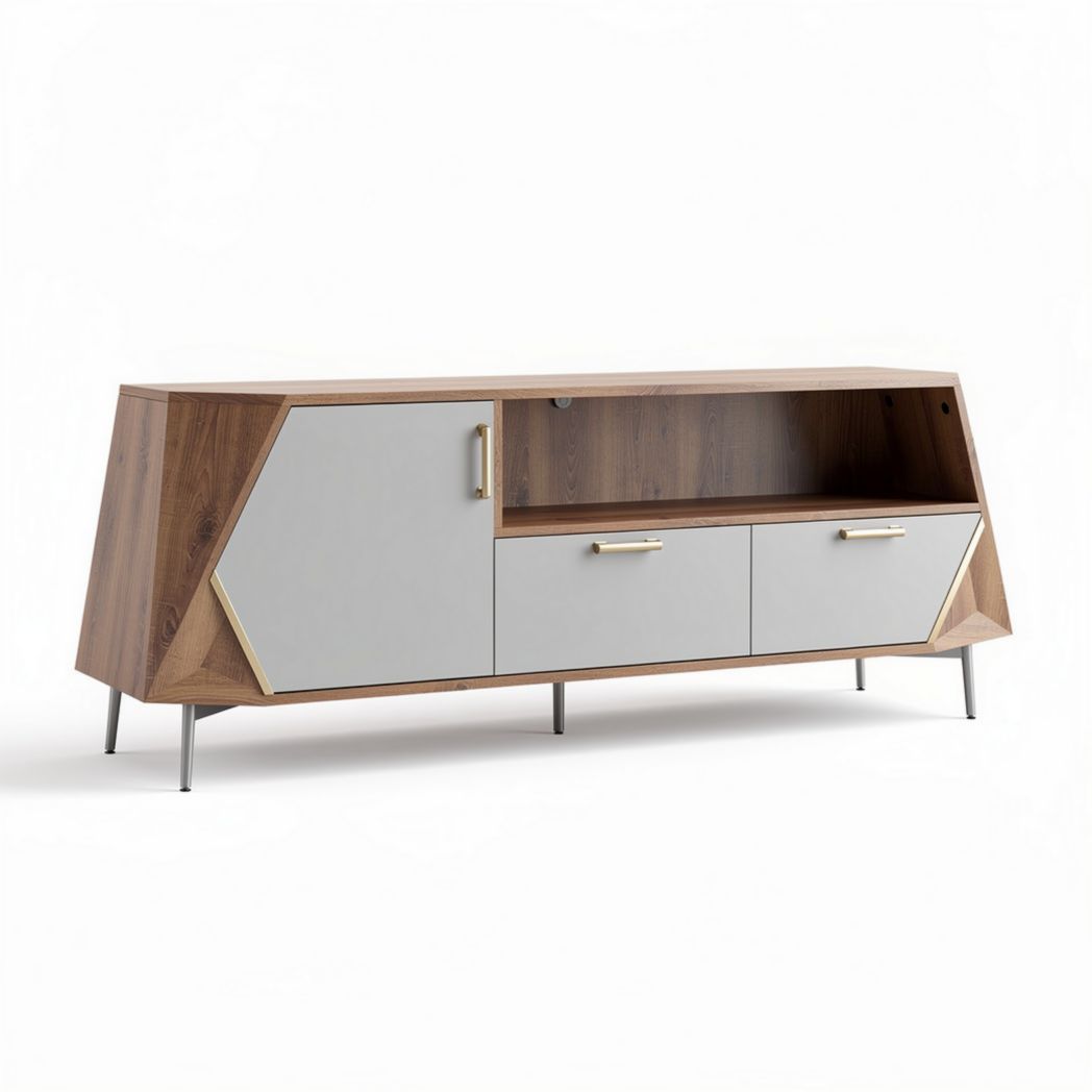 Geometric wooden TV stand with gray cabinet doors 150 x 45 x 60cm