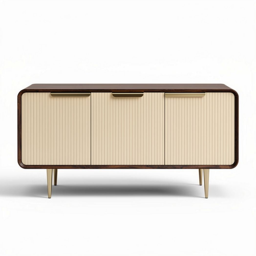 Modern sideboard cabinet with three doors in cream and brown finish 150 x 45 x 75cm