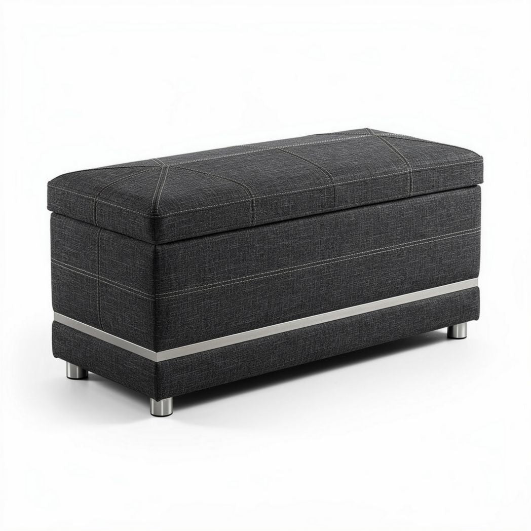 Fabric storage bench with lid and silver accents 100 x 45 x 45cm